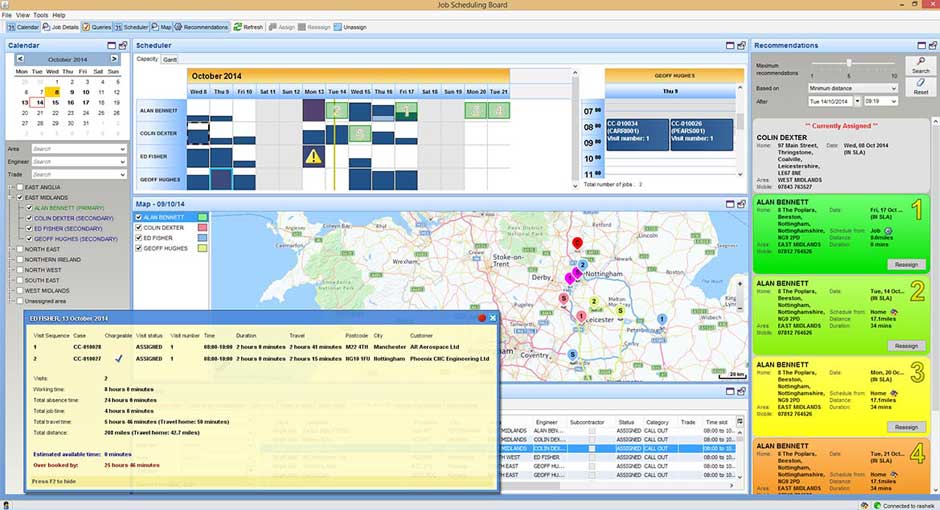 screenshot of job scheduling board for engineers from exel