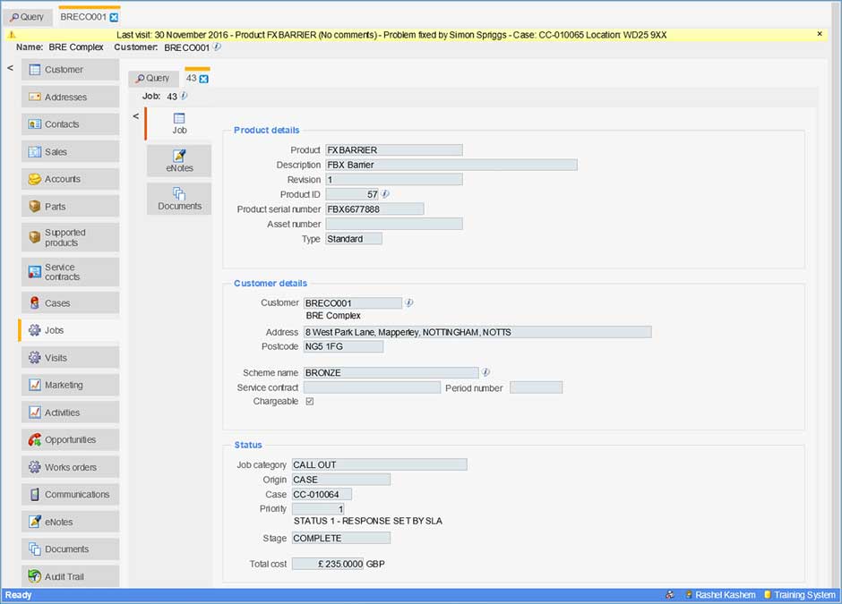 screenshot of exels service crm system