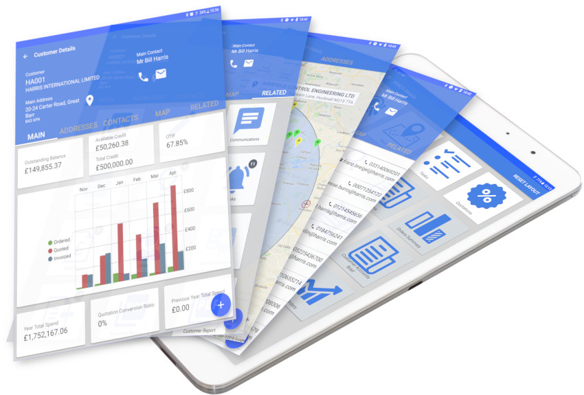Exel Insights: Modern FSM 3 Mobile CRM multi screenshots on tablet
