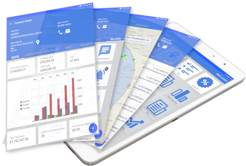 Mobile CRM multi screenshots on tablet